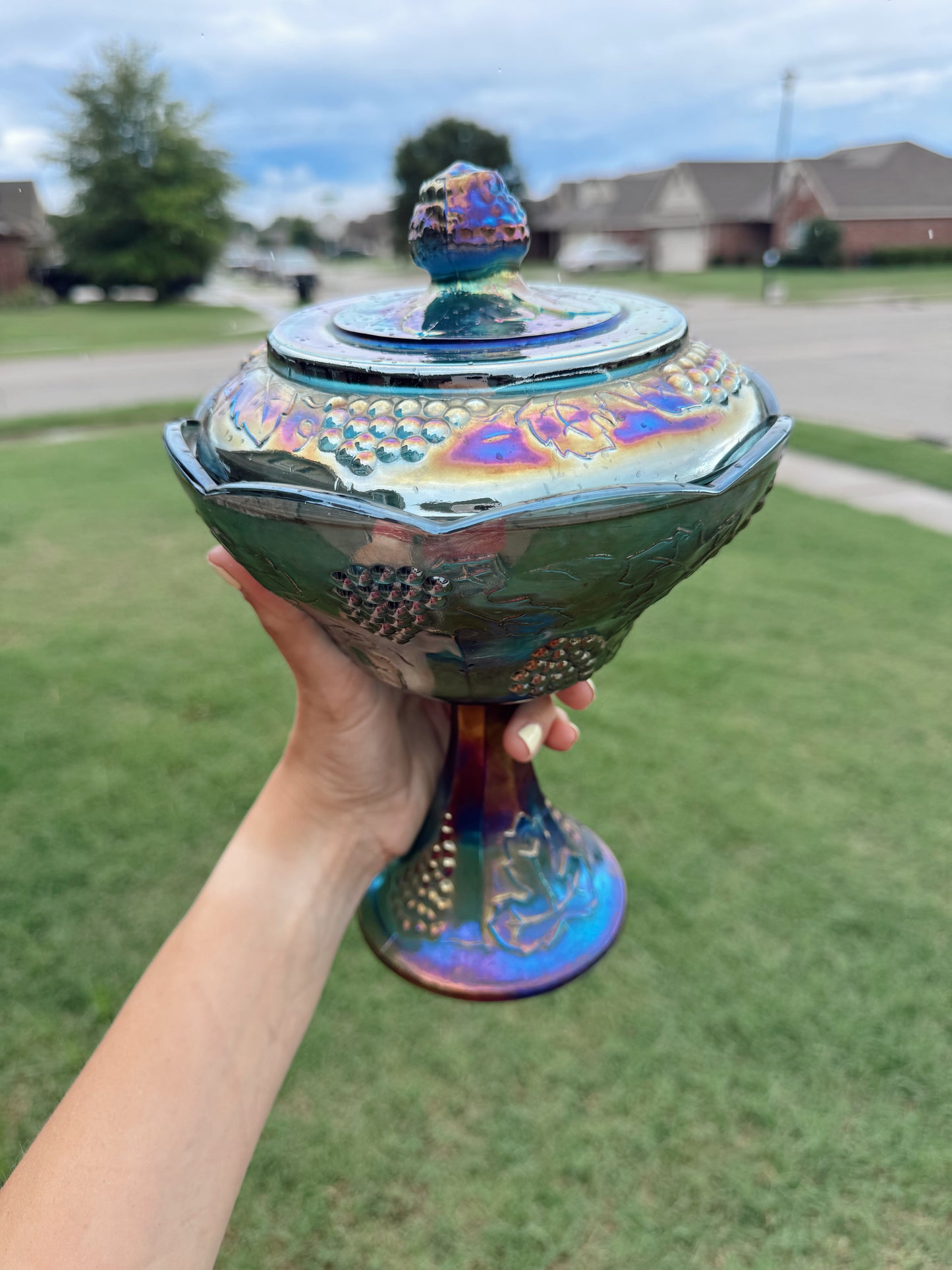 Indiana Glass Blue Iridescent Wedding Bowl Candle